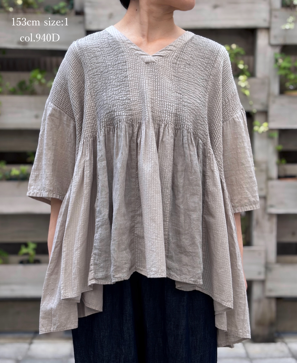 NMDS26262D(シャツ) 80s ORGANIC COTTON/80s LINEN PATCHWORK OVERDYE V-NECK S/SLEEVE SHIRT WITH MINI PINTUCK