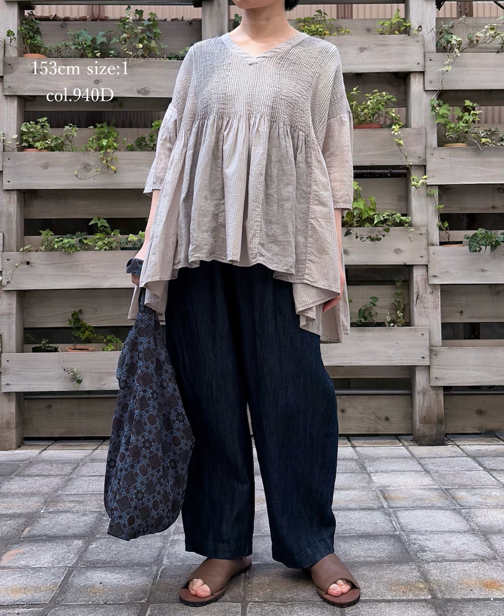 NMDS26262D(シャツ) 80s ORGANIC COTTON/80s LINEN PATCHWORK OVERDYE V-NECK S/SLEEVE SHIRT WITH MINI PINTUCK