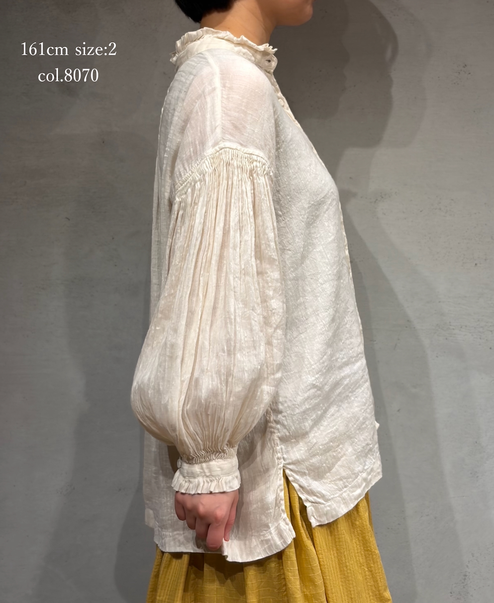 INMDS25011D(シャツ) 60s AUTO LOOM LINEN/COTTON PLAIN(OVERDYE) FRILL COLLAR SHIRTS WITH MINI PINTUCK