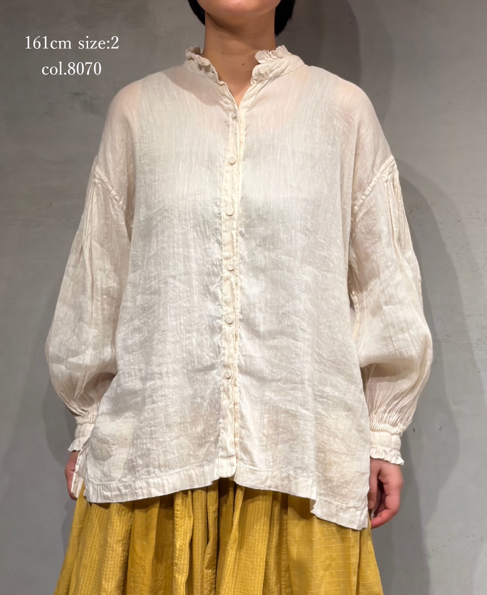 INMDS25011D(シャツ) 60s AUTO LOOM LINEN/COTTON PLAIN(OVERDYE) FRILL COLLAR SHIRTS WITH MINI PINTUCK