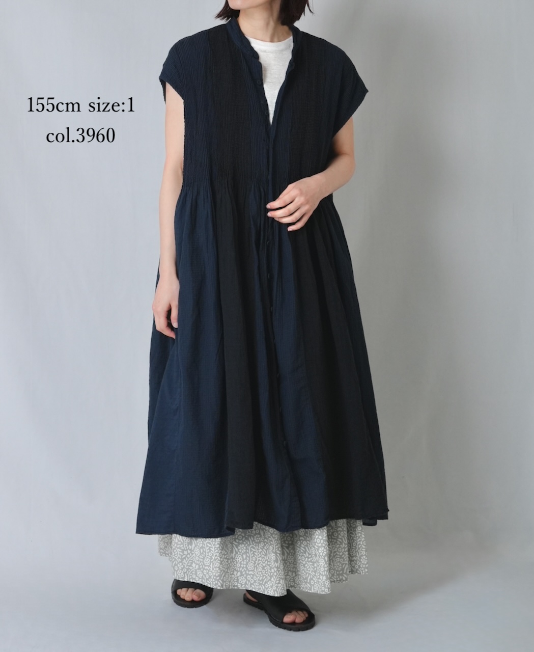 NMDS26264D(ワンピース) 80s ORGANIC COTTON/80s LINEN PATCHWORK OVERDYE BANDED FRENCH/SLEEVE SHIRT DRESS WITH MINI PINTUCK