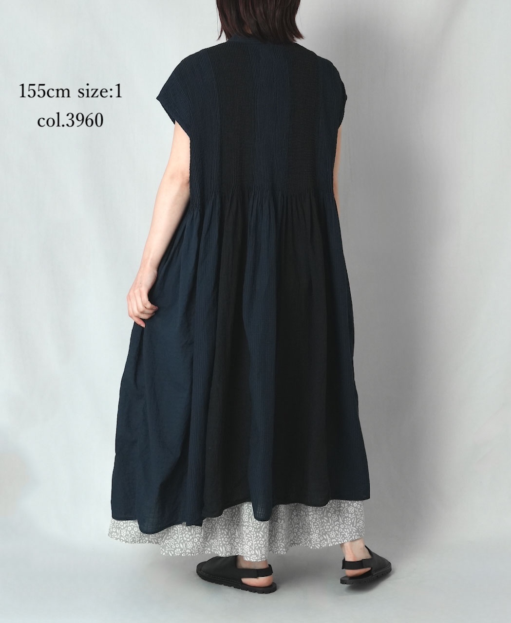 NMDS26264D(ワンピース) 80s ORGANIC COTTON/80s LINEN PATCHWORK OVERDYE BANDED FRENCH/SLEEVE SHIRT DRESS WITH MINI PINTUCK