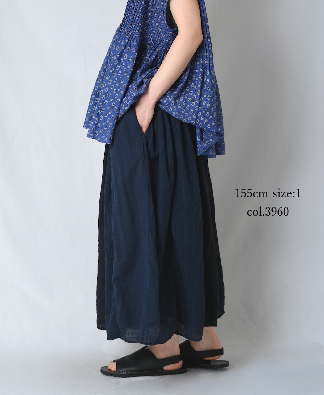 NMDS26265D(スカート) 80s ORGANIC COTTON/80s LINEN PATCHWORK OVERDYE RAJASTHAN TUCK GATHERED SKIRT