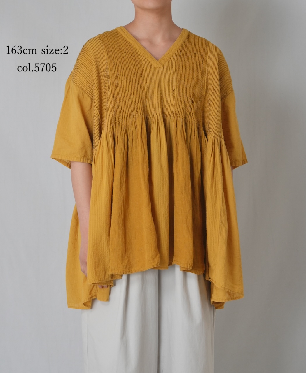 NMDS26262D(シャツ) 80s ORGANIC COTTON/80s LINEN PATCHWORK OVERDYE V-NECK S/SLEEVE SHIRT WITH MINI PINTUCK