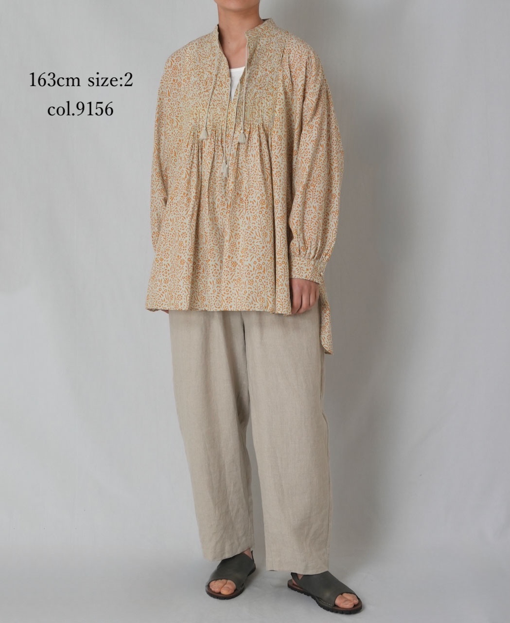 INMDS26102(チュニック) 80s COTTON FLOWER BLOCK PRINT BANDED COLLAR MINI PINTUCK TUNIC