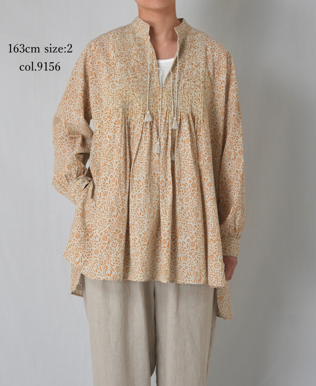 INMDS26102(チュニック) 80s COTTON FLOWER BLOCK PRINT BANDED COLLAR MINI PINTUCK TUNIC