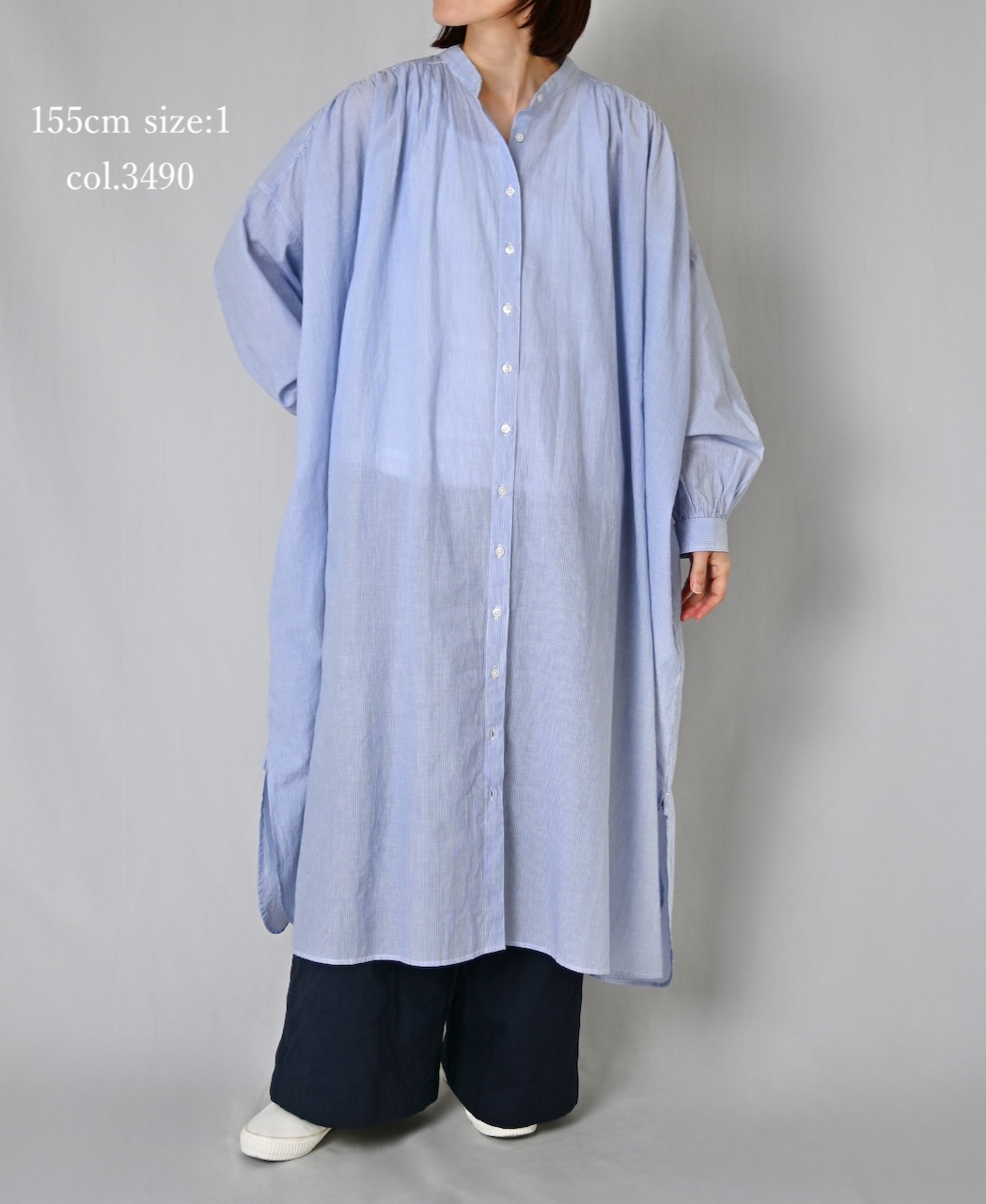 NSL26014(ワンピース) 80s COTTON VOILE STRIPE BANDED COLLAR GATHER SHIRT DRESS