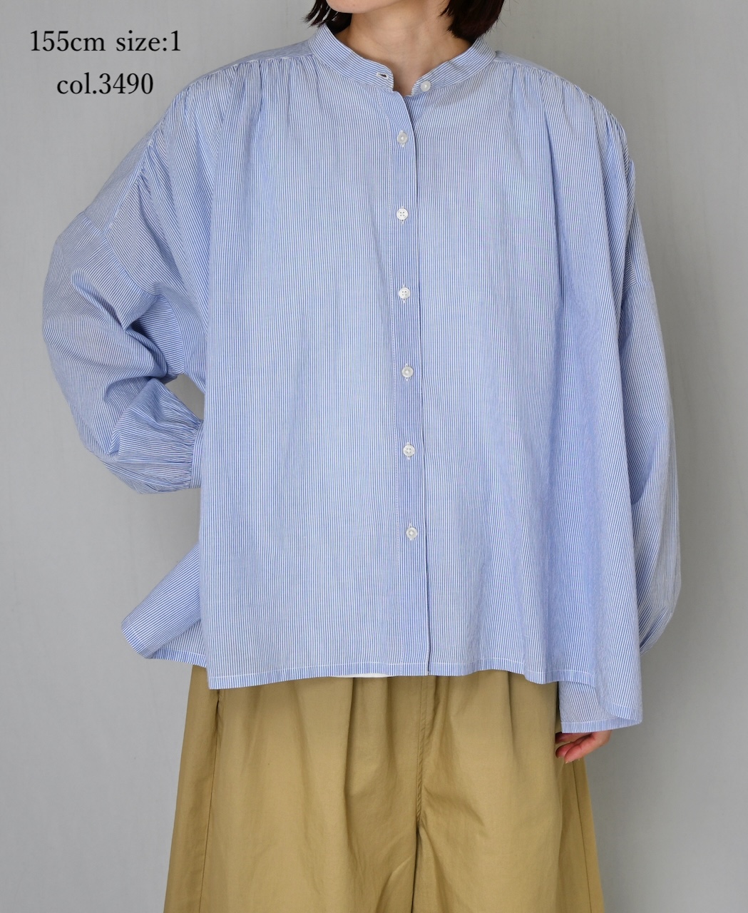 NSL26011(シャツ) 80s COTTON VOILE STRIPE BANDED COLLAR GATHER SHIRT