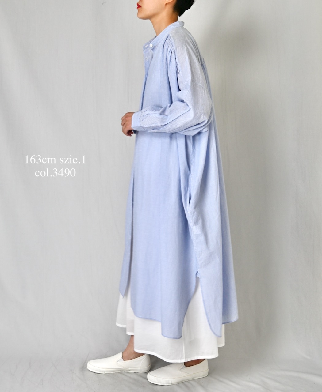 NSL26014(ワンピース) 80s COTTON VOILE STRIPE BANDED COLLAR GATHER SHIRT DRESS