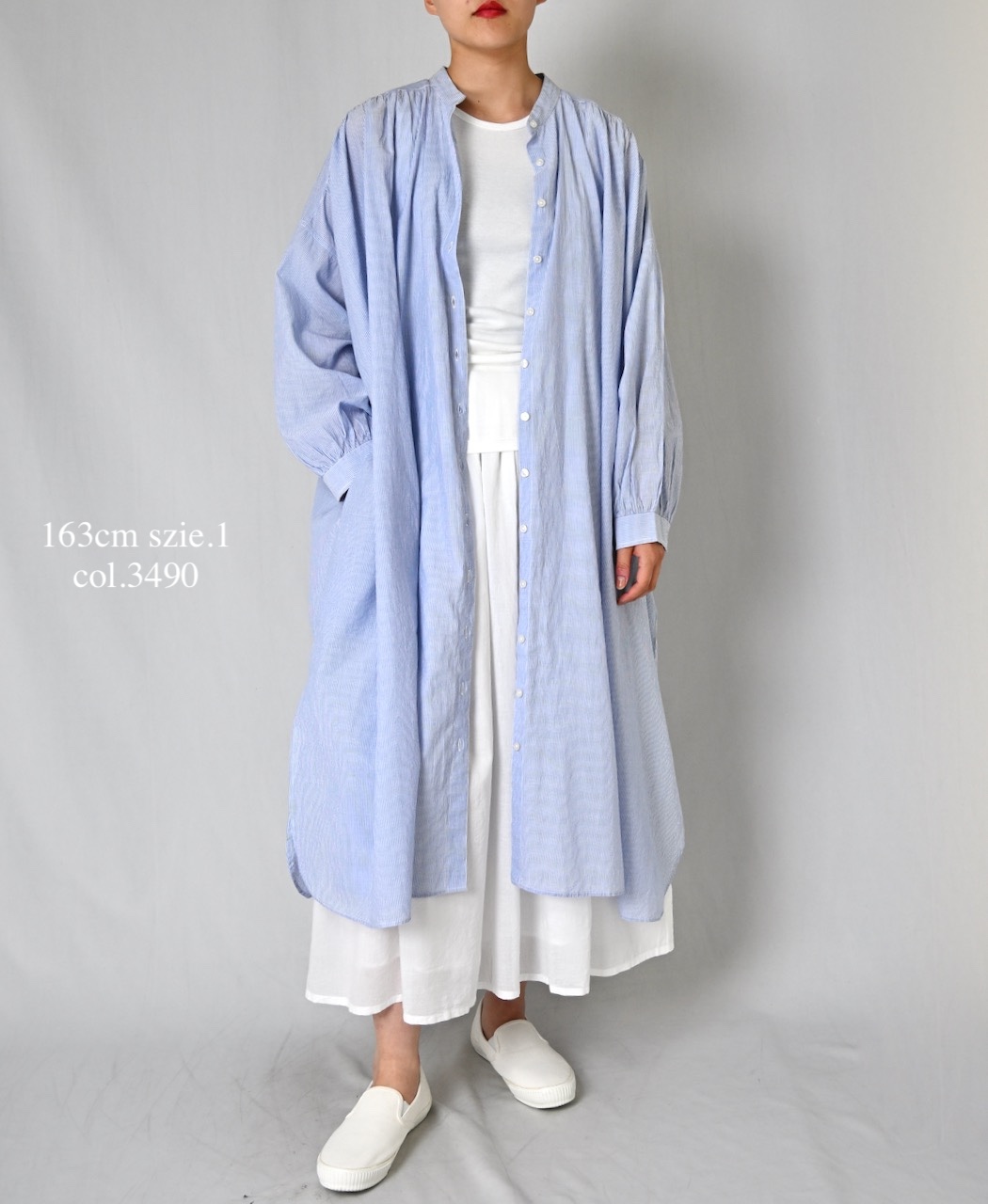 NSL26014(ワンピース) 80s COTTON VOILE STRIPE BANDED COLLAR GATHER SHIRT DRESS