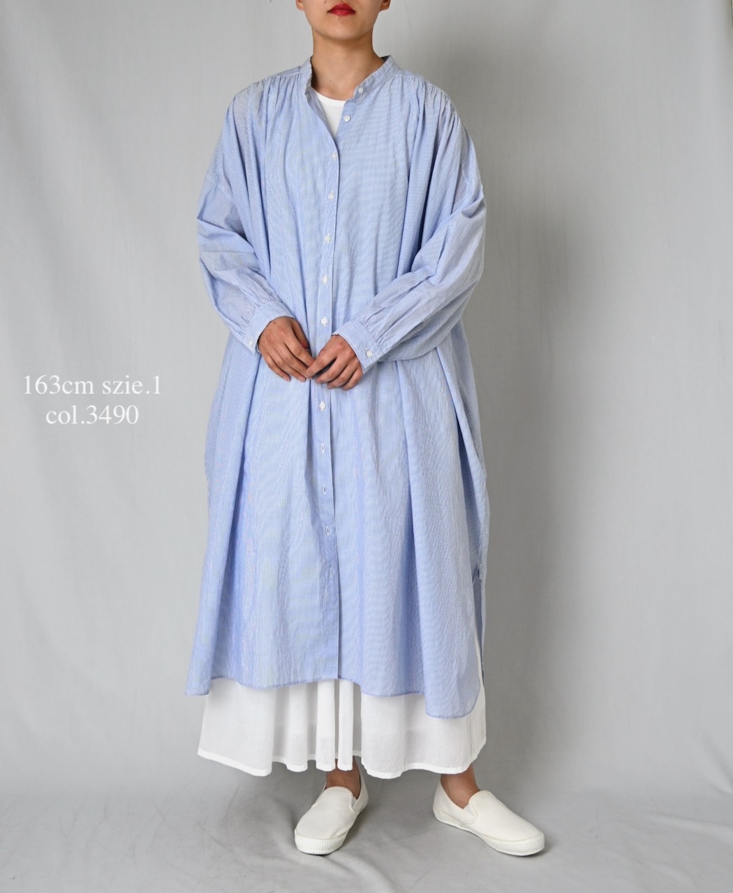 NSL26014(ワンピース) 80s COTTON VOILE STRIPE BANDED COLLAR GATHER SHIRT DRESS