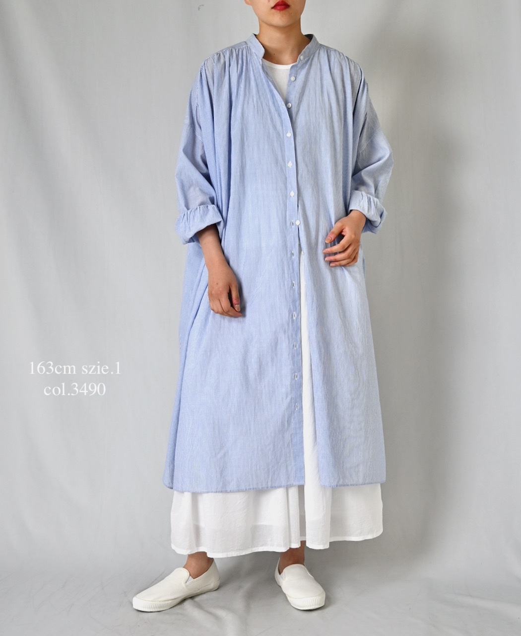 NSL26014(ワンピース) 80s COTTON VOILE STRIPE BANDED COLLAR GATHER SHIRT DRESS