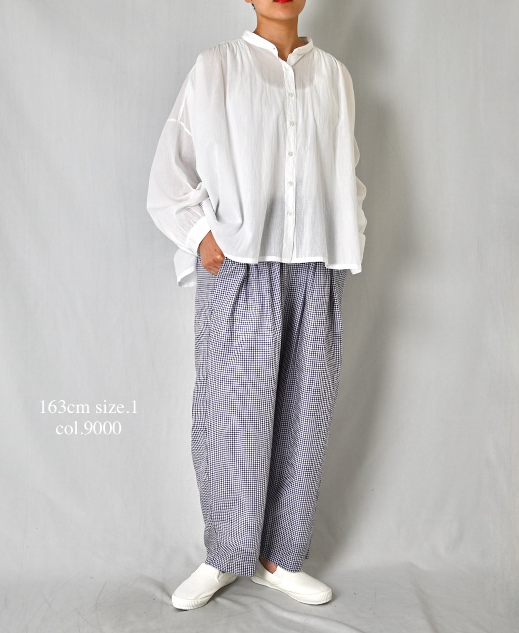 NSL26021(シャツ) 80s COTTON VOILE PLAIN BANDED COLLAR GATHERED SHIRT