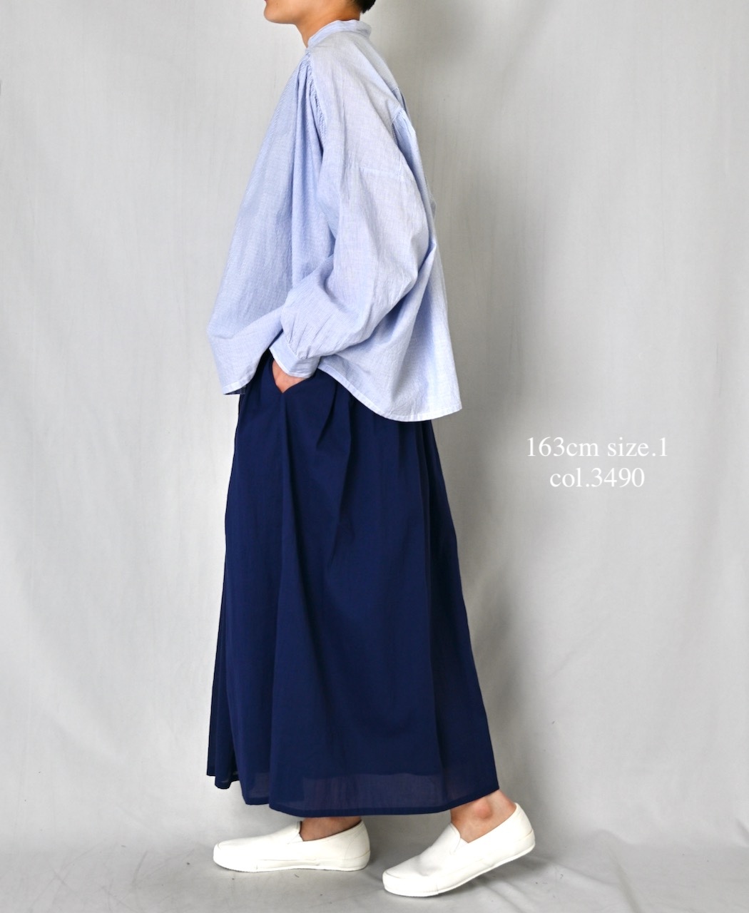 NSL26011(シャツ) 80s COTTON VOILE STRIPE BANDED COLLAR GATHER SHIRT