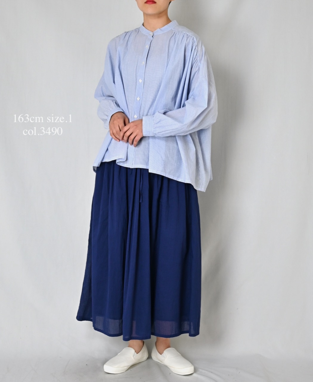 NSL26011(シャツ) 80s COTTON VOILE STRIPE BANDED COLLAR GATHER SHIRT