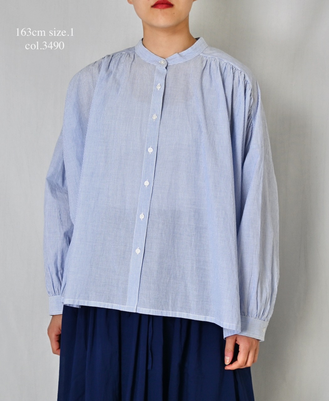NSL26011(シャツ) 80s COTTON VOILE STRIPE BANDED COLLAR GATHER SHIRT