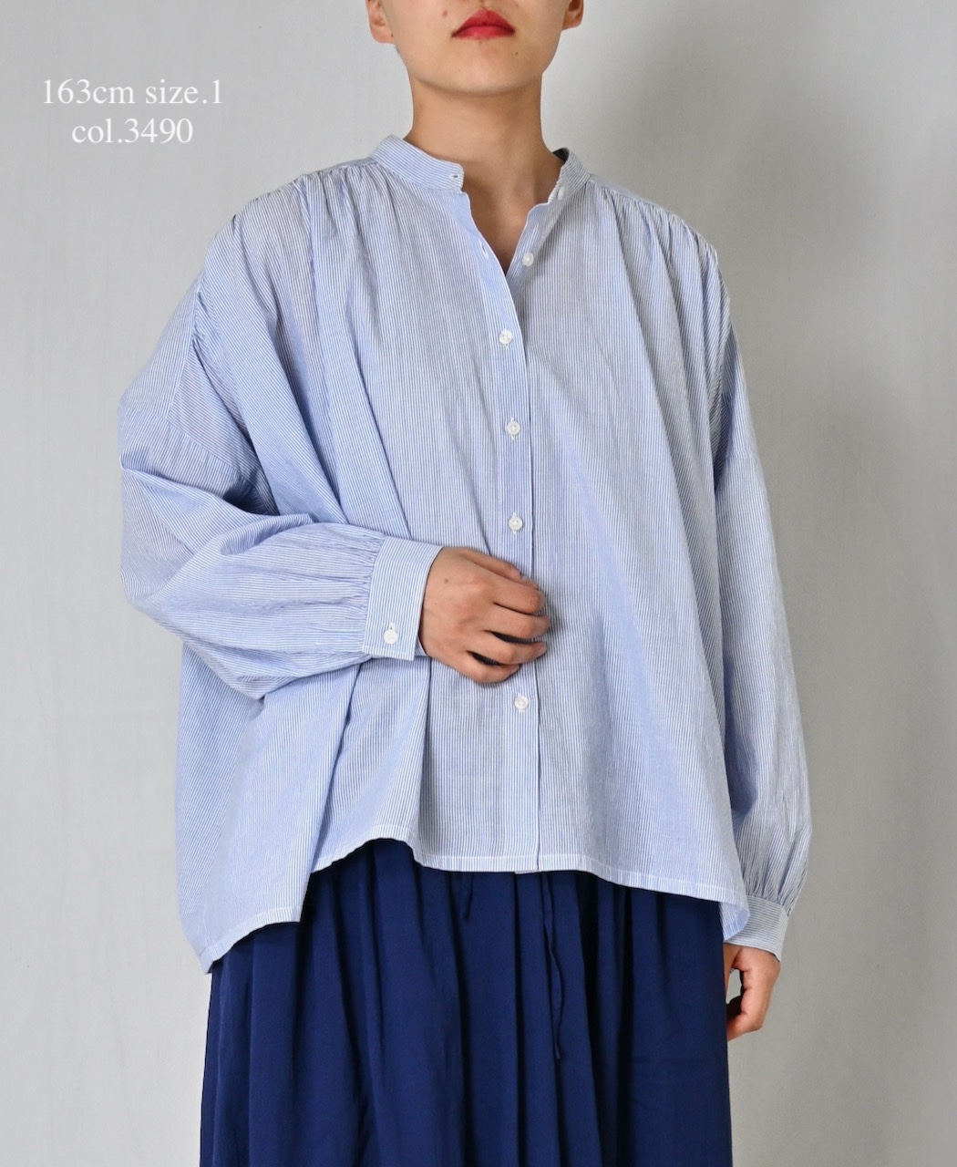 NSL26011(シャツ) 80s COTTON VOILE STRIPE BANDED COLLAR GATHER SHIRT