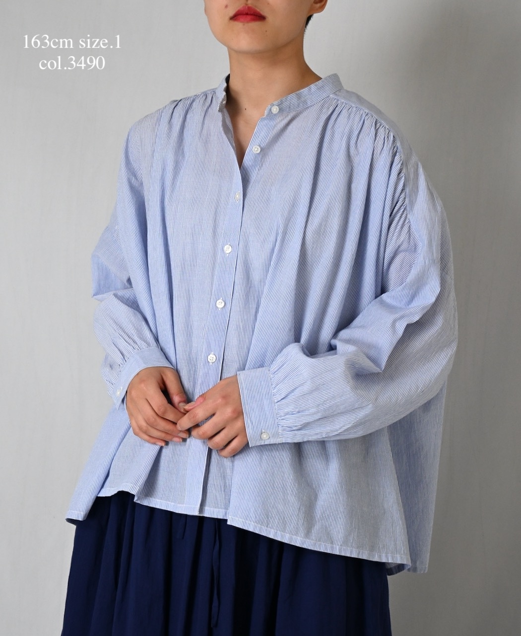NSL26011(シャツ) 80s COTTON VOILE STRIPE BANDED COLLAR GATHER SHIRT