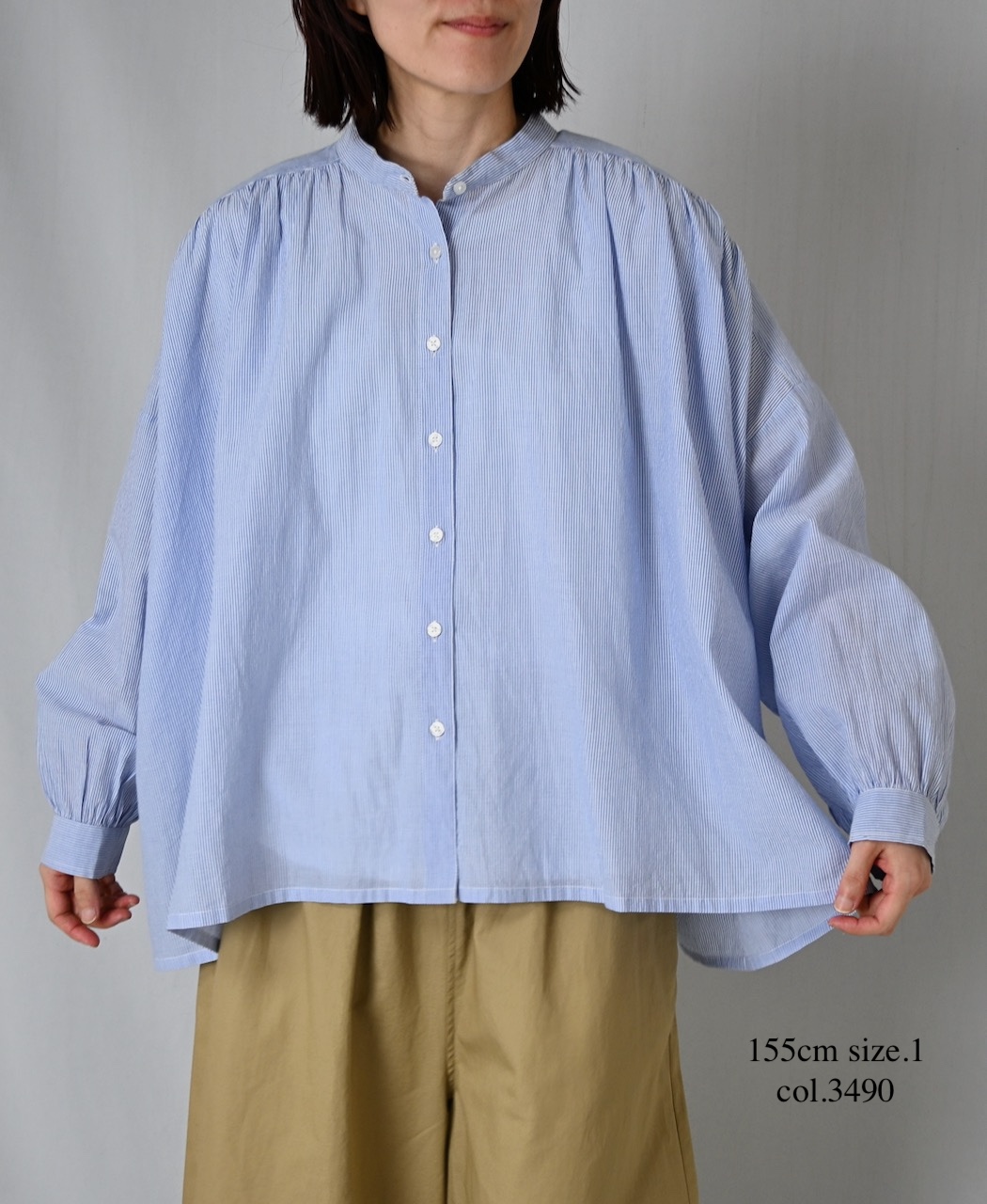 NSL26011(シャツ) 80s COTTON VOILE STRIPE BANDED COLLAR GATHER SHIRT