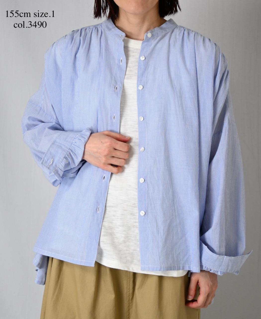 NSL26011(シャツ) 80s COTTON VOILE STRIPE BANDED COLLAR GATHER SHIRT