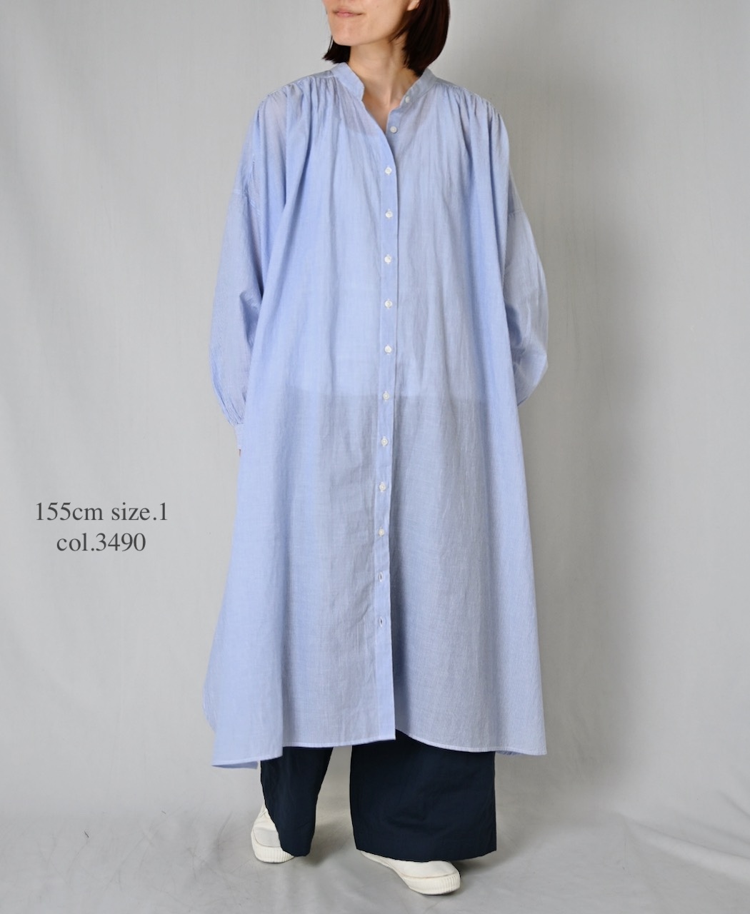 NSL26014(ワンピース) 80s COTTON VOILE STRIPE BANDED COLLAR GATHER SHIRT DRESS