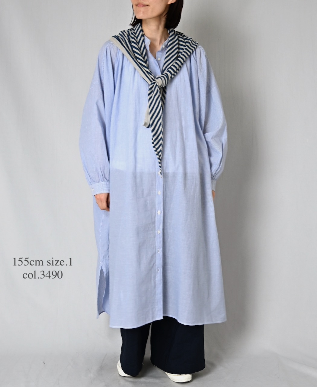 NSL26014(ワンピース) 80s COTTON VOILE STRIPE BANDED COLLAR GATHER SHIRT DRESS