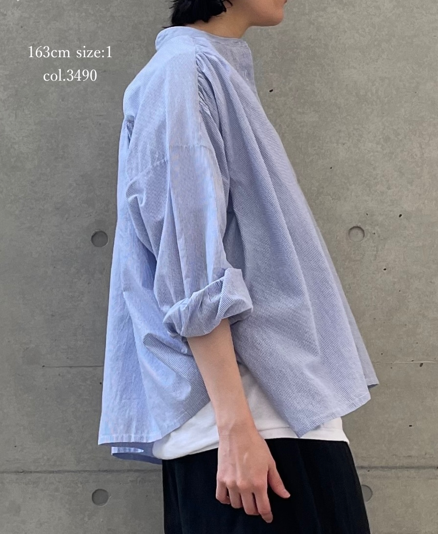NSL26011(シャツ) 80s COTTON VOILE STRIPE BANDED COLLAR GATHER SHIRT