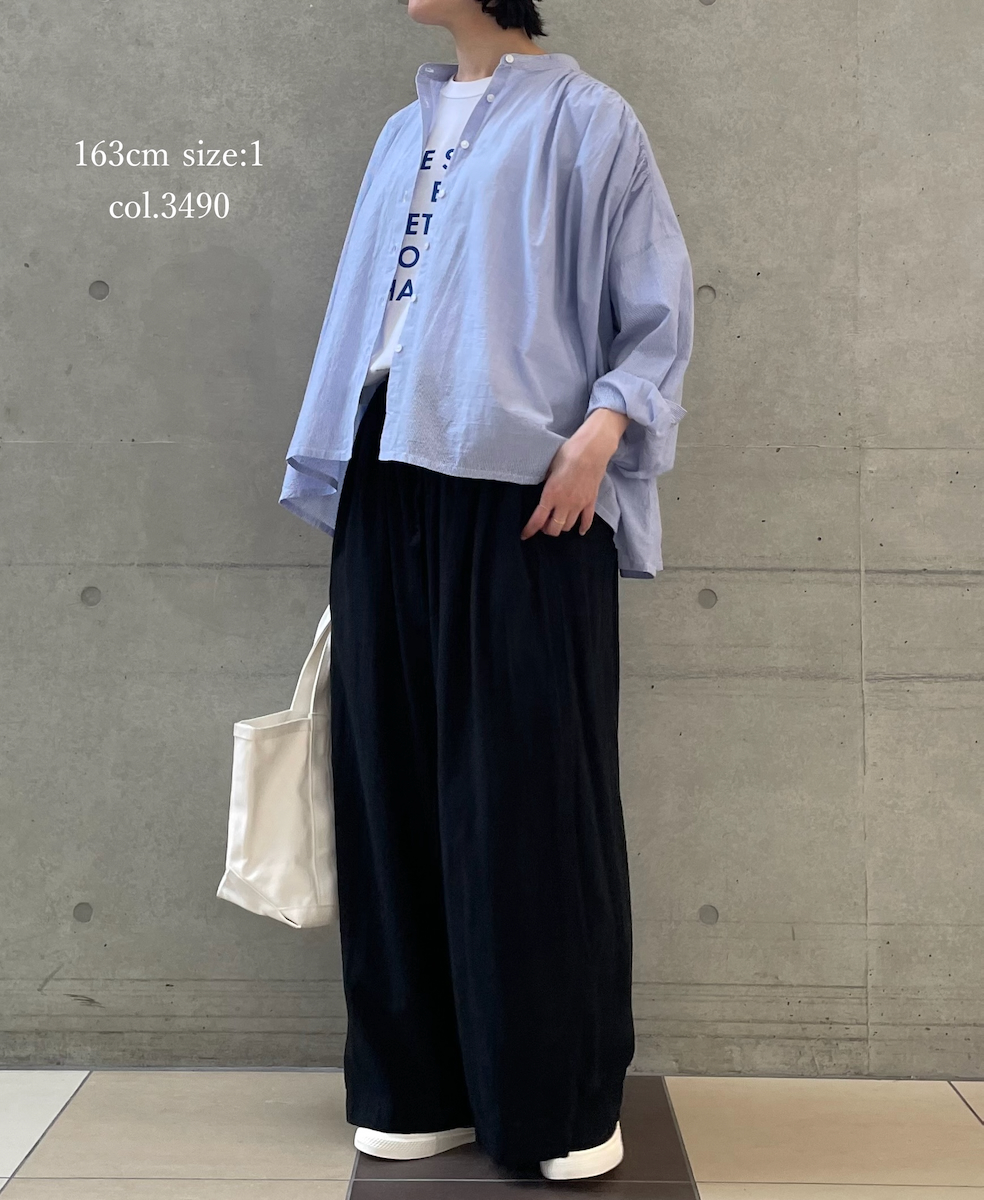 NSL26011(シャツ) 80s COTTON VOILE STRIPE BANDED COLLAR GATHER SHIRT