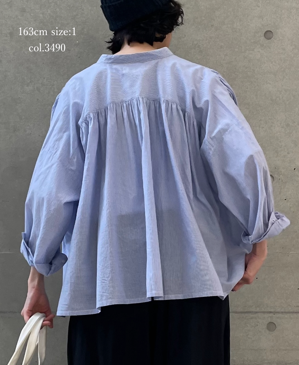 NSL26011(シャツ) 80s COTTON VOILE STRIPE BANDED COLLAR GATHER SHIRT