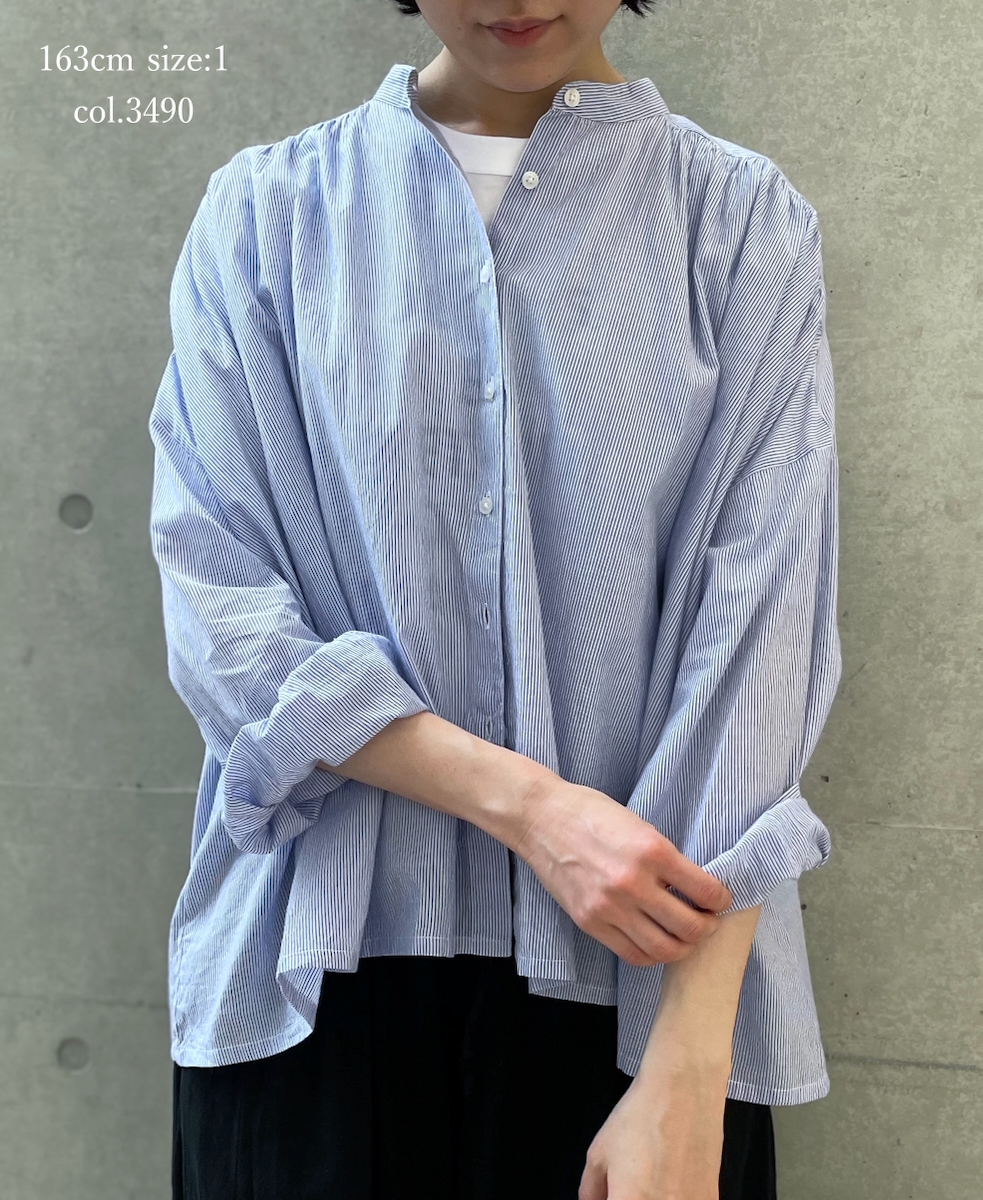 NSL26011(シャツ) 80s COTTON VOILE STRIPE BANDED COLLAR GATHER SHIRT