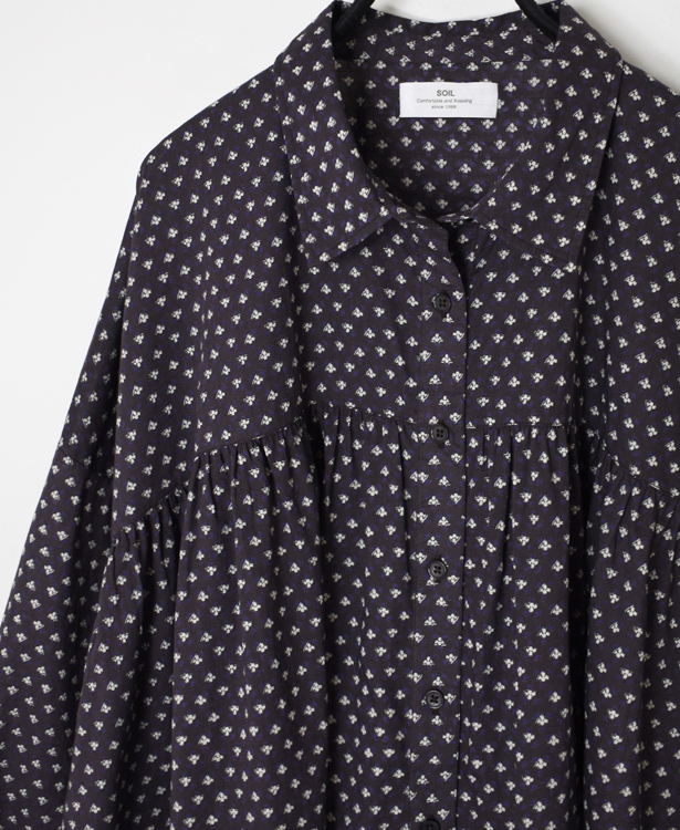 NSL26031(シャツ) COTTON SLUB SMALL FLOWER PRINT REGULAR COLLAR GATHERED SHIRT SMOCK