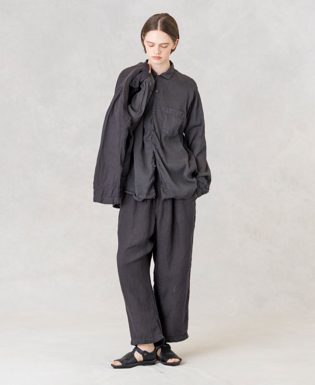 IMDSH2611LCD(シャツ) AUTLOOM LINEN/COTTON PLAIN OVERDYE OPEN COLLAR L/SL SHIRTS