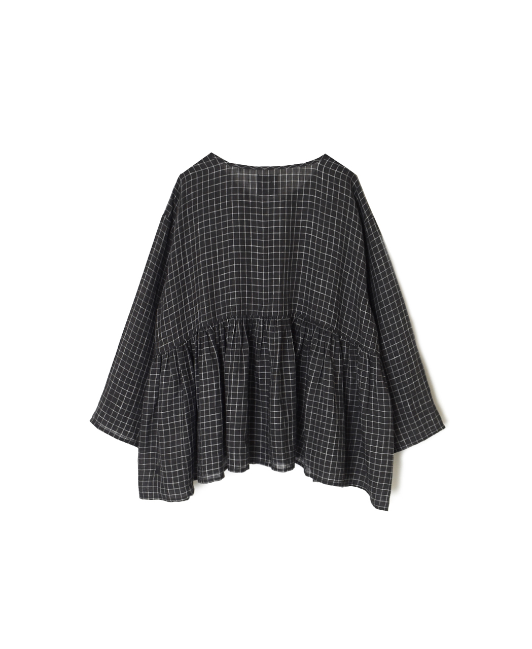 NMDS26282(シャツ) 80s POWER LOOM LINEN CHECK RAJASTHAN GATHERED SHIRT PULLOVER