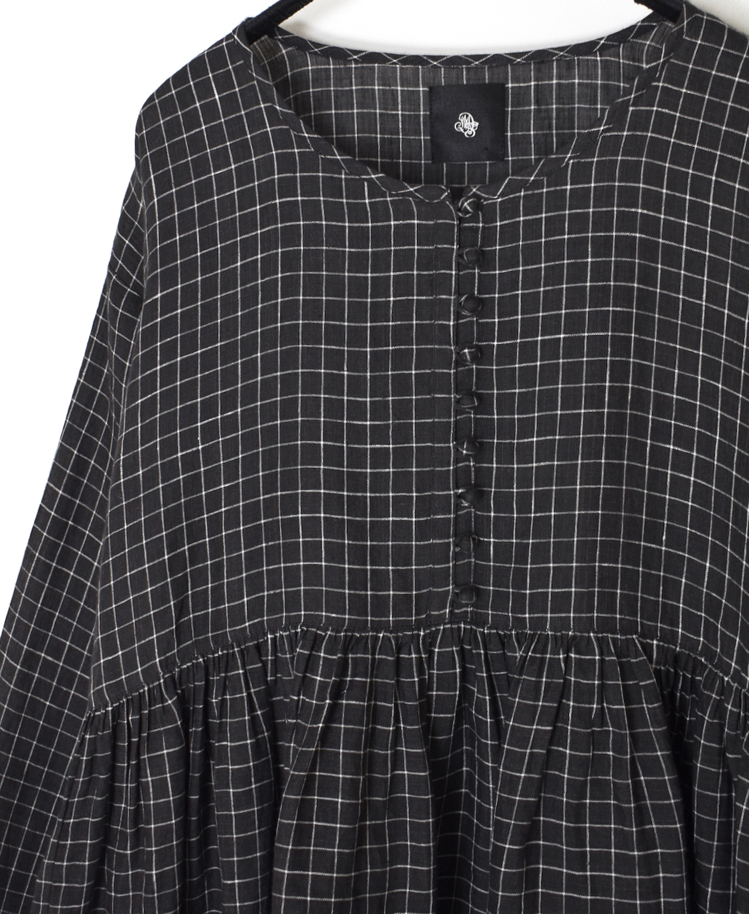 NMDS26282(シャツ) 80s POWER LOOM LINEN CHECK RAJASTHAN GATHERED SHIRT PULLOVER