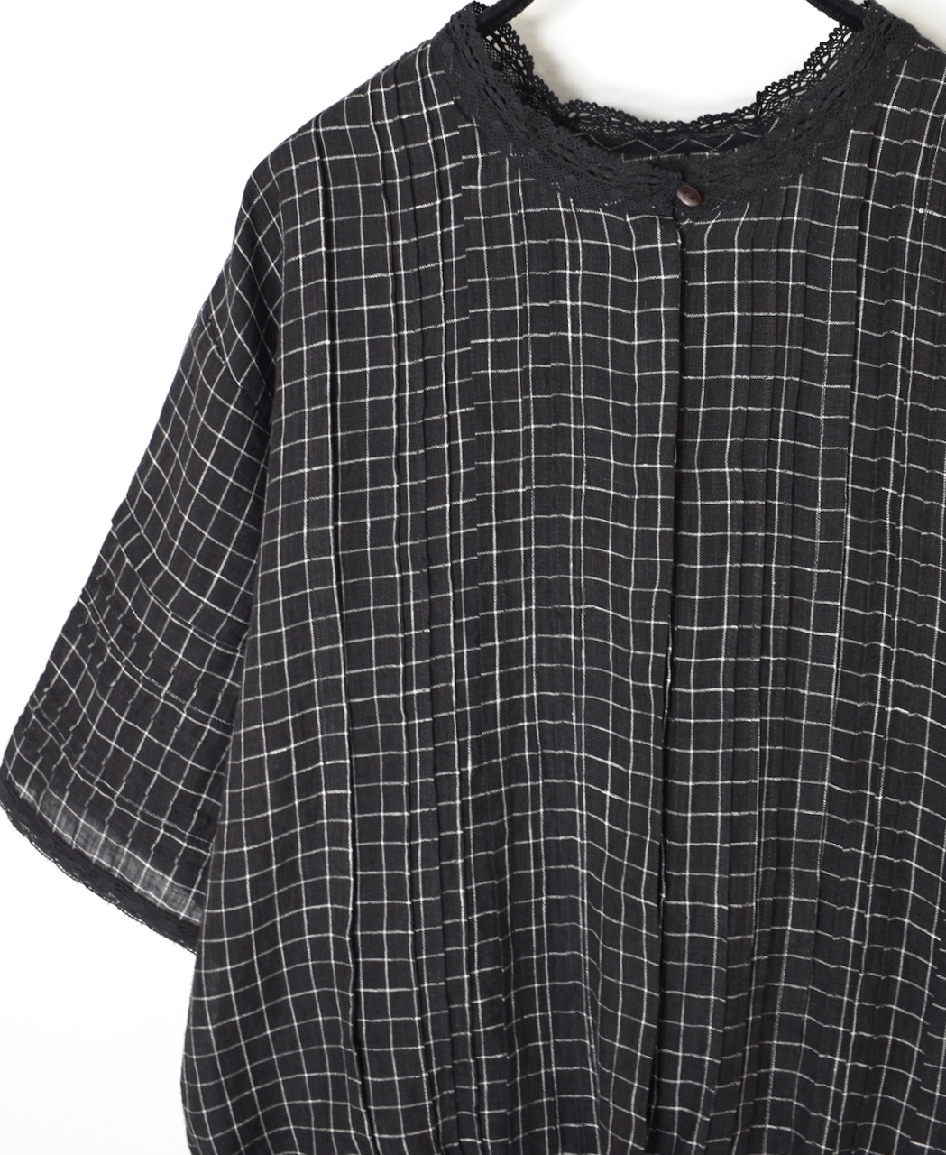 NMDS26281(シャツ) 80s POWER LOOM LINEN CHECK LACE PINTUCK HALF/SLEEVE 2WAY SHIRT