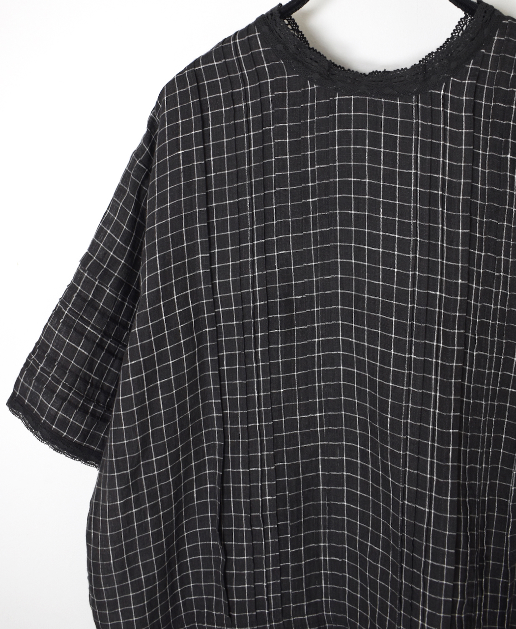NMDS26281(シャツ) 80s POWER LOOM LINEN CHECK LACE PINTUCK HALF/SLEEVE 2WAY SHIRT
