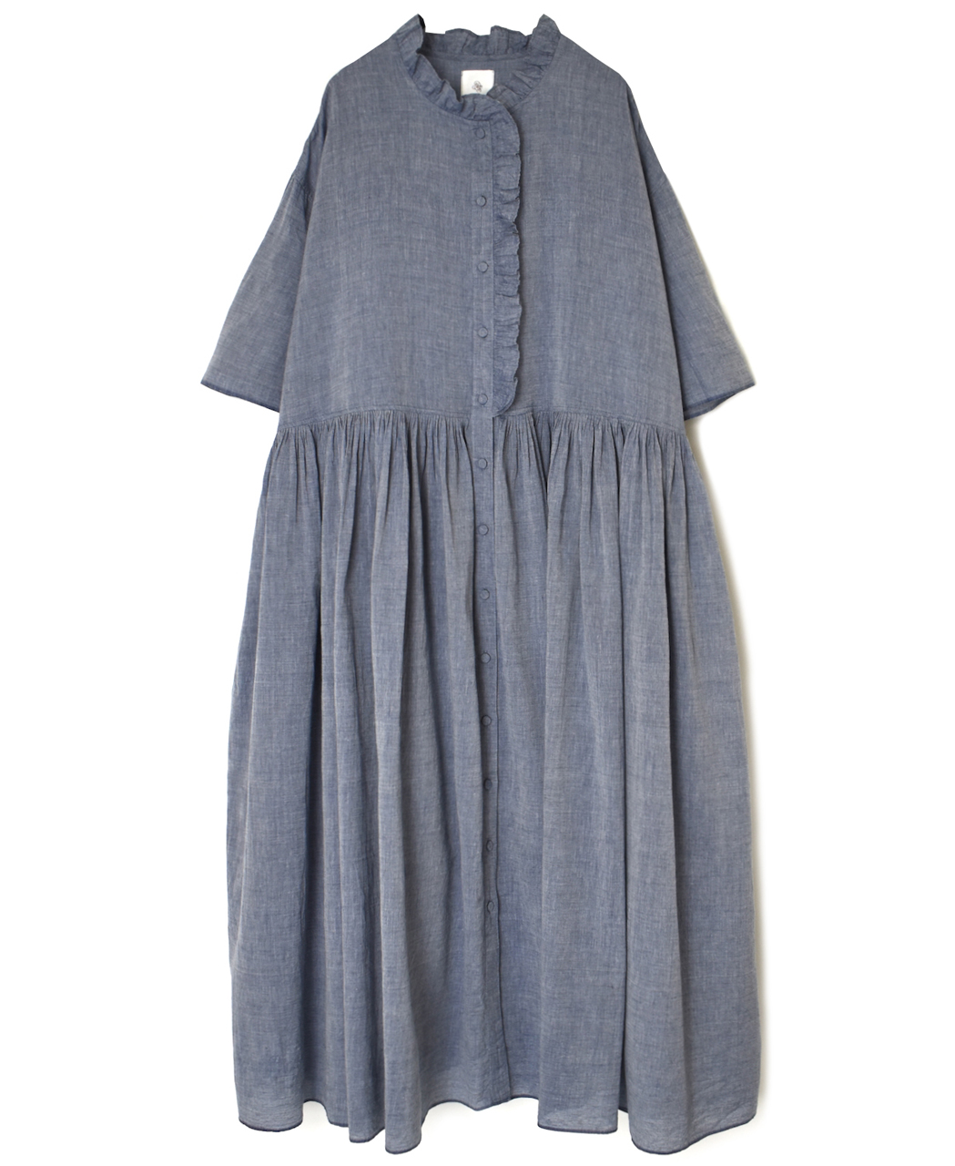 INMDS26042(ワンピース) HANDWOVEN YARN DYE CHAMBRAY FRILL COLLAR SHIRTS DRESS WITH RAJASTHAN GATHER