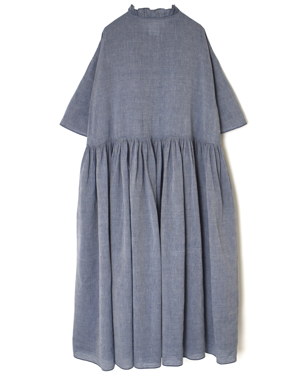 INMDS26042(ワンピース) HANDWOVEN YARN DYE CHAMBRAY FRILL COLLAR SHIRTS DRESS WITH RAJASTHAN GATHER