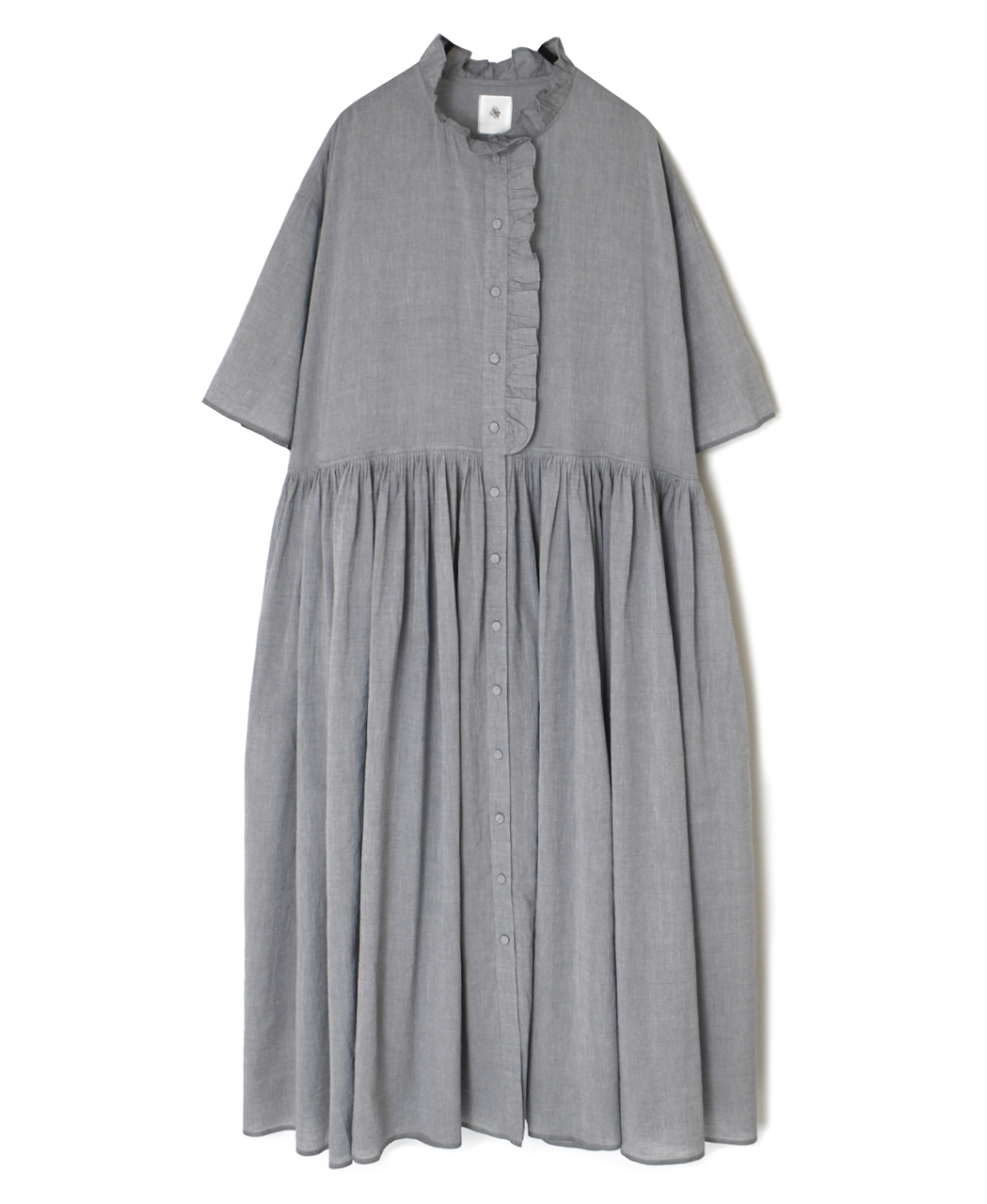INMDS26042(ワンピース) HANDWOVEN YARN DYE CHAMBRAY FRILL COLLAR SHIRTS DRESS WITH RAJASTHAN GATHER