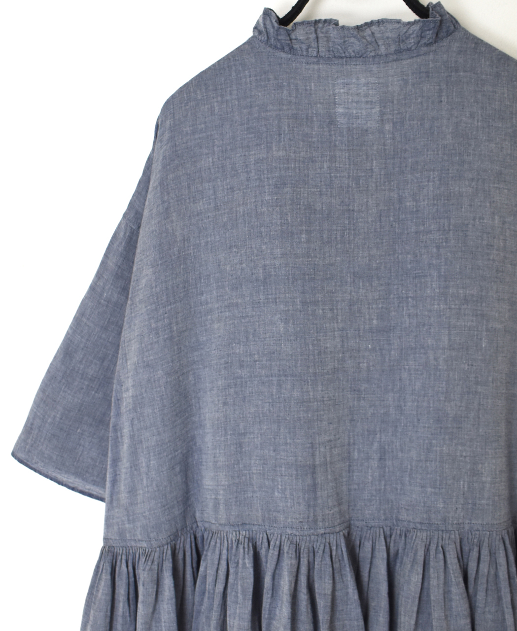 INMDS26042(ワンピース) HANDWOVEN YARN DYE CHAMBRAY FRILL COLLAR SHIRTS DRESS WITH RAJASTHAN GATHER