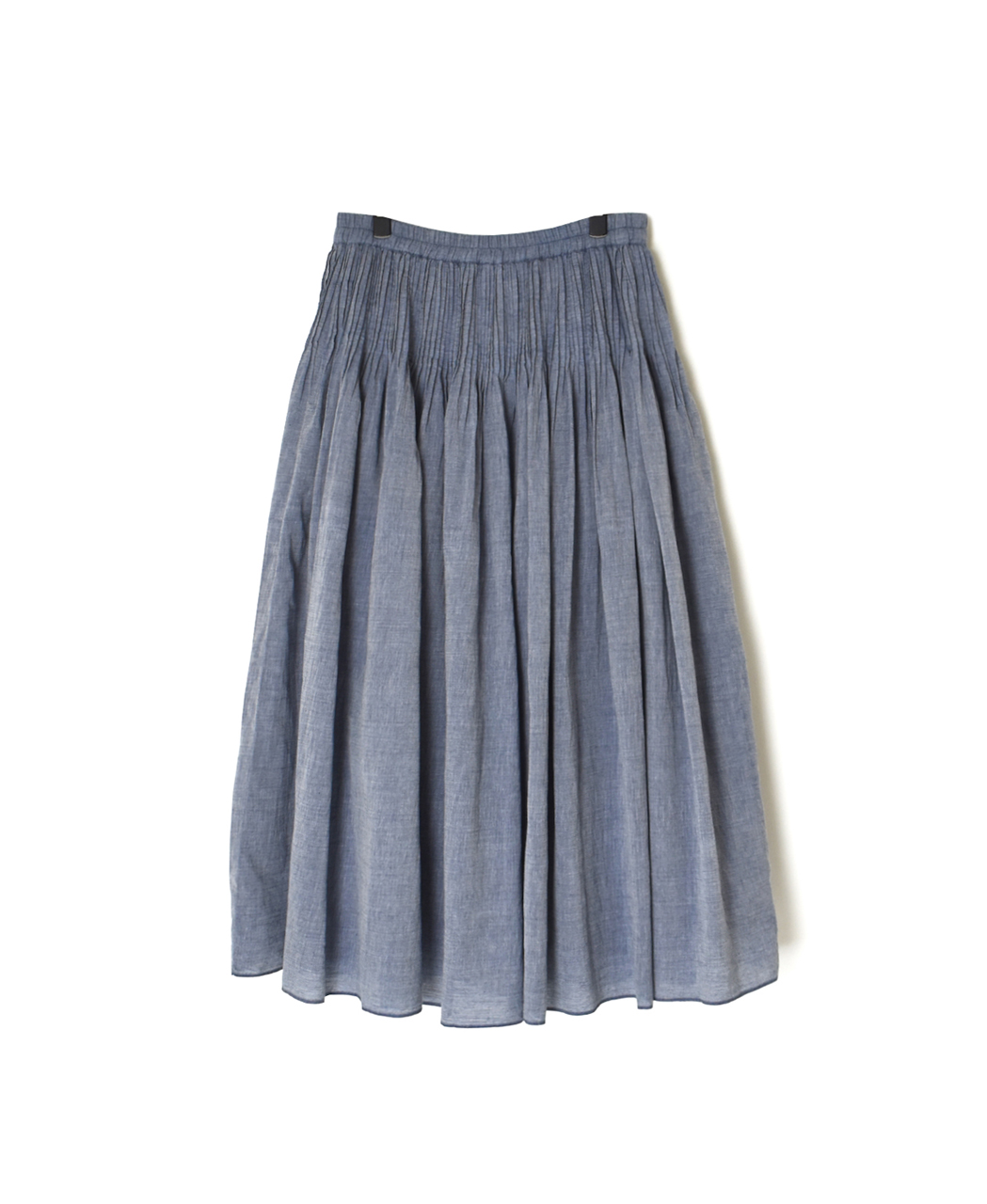 INMDS26043(スカート) HANDWOVEN YARN DYE CHAMBRAY PINTUCK FLARED SKIRT