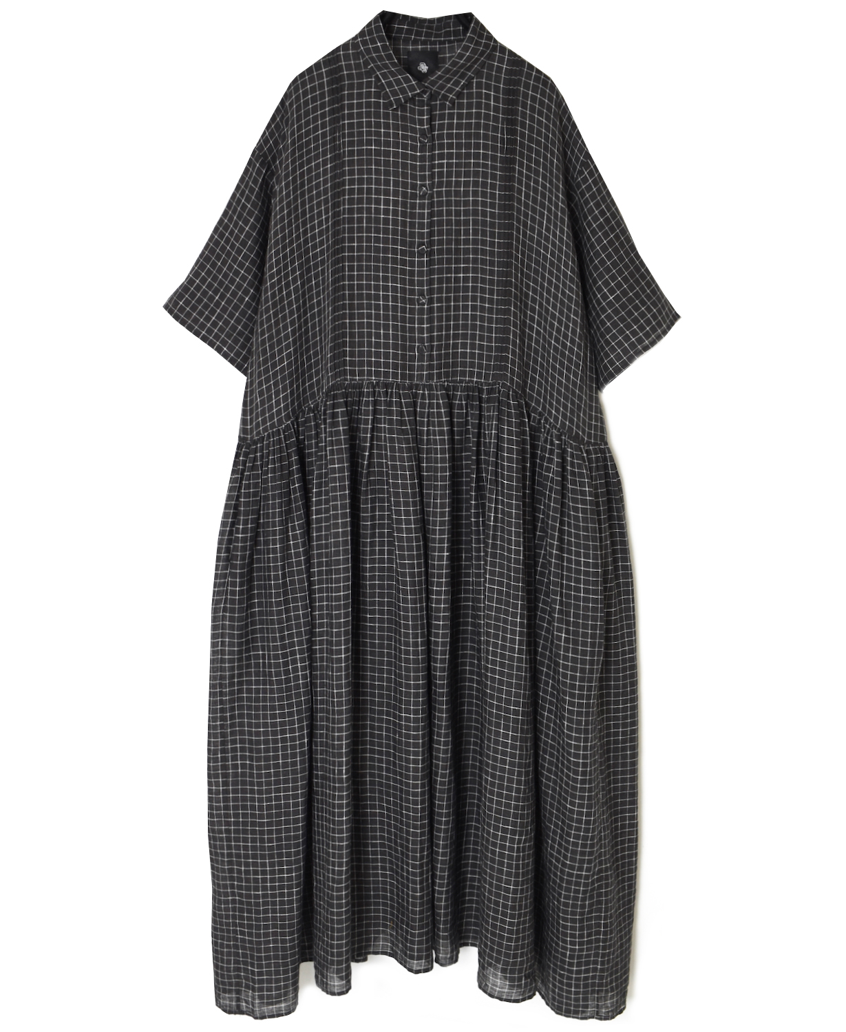 NMDS26284(ワンピース) 80s POWER LOOM LINEN CHECK REGULAR COLLAR DRESS WITH RAJASTHAN GATHER