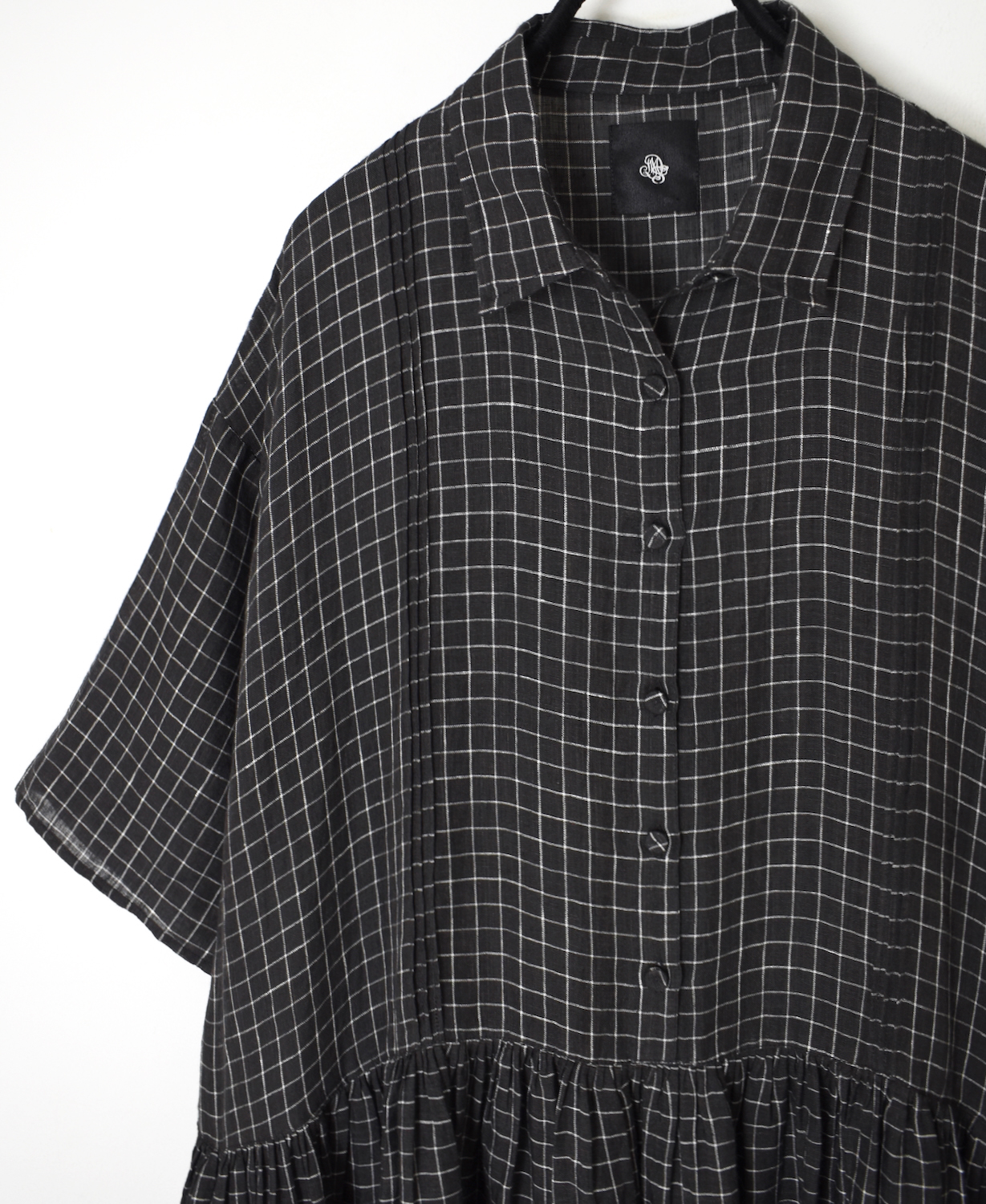 NMDS26284(ワンピース) 80s POWER LOOM LINEN CHECK REGULAR COLLAR DRESS WITH RAJASTHAN GATHER