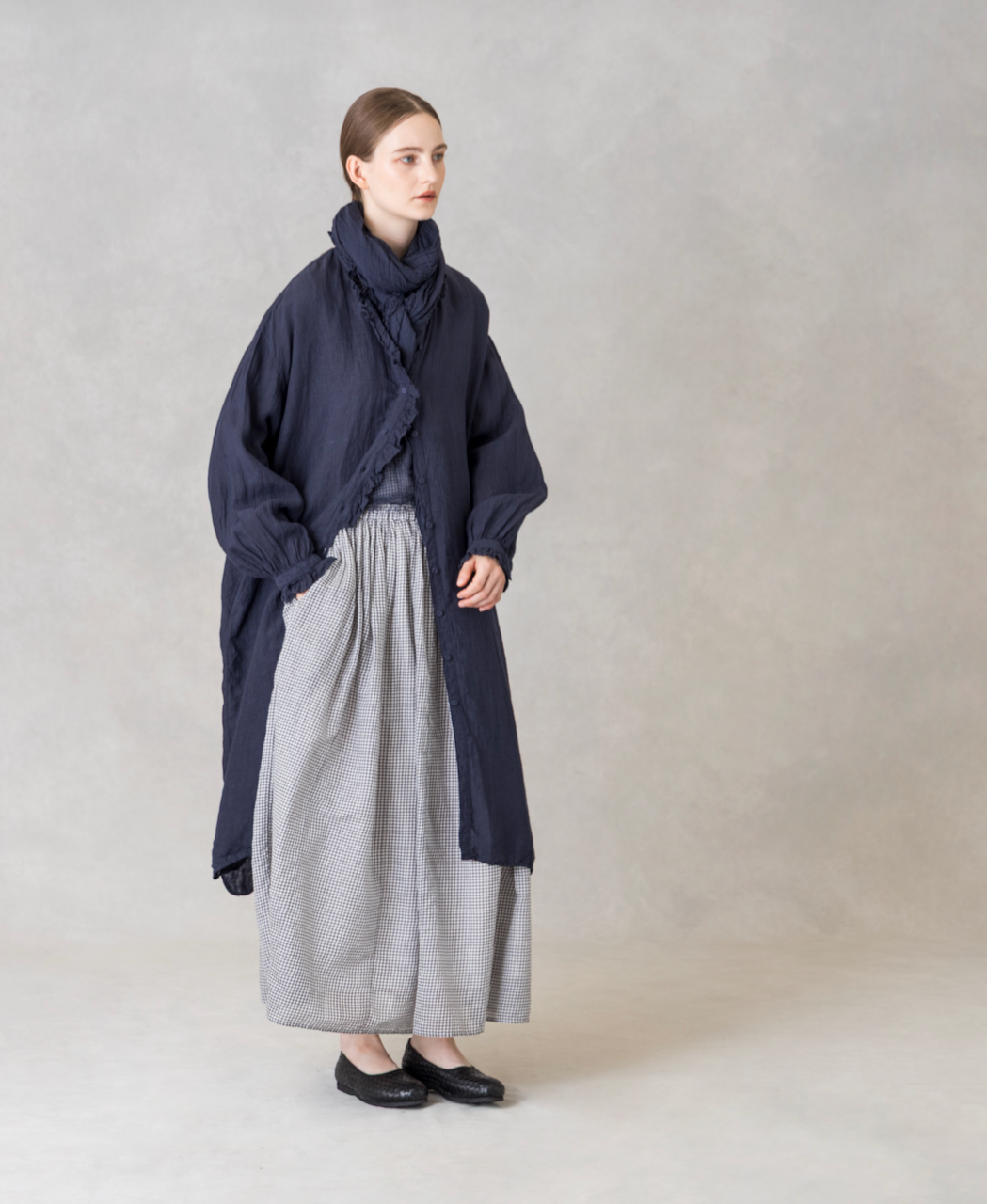 INMDS26002D(シャツ) 60s AUTO LOOM LINEN PLAIN (OVERDYE) FRILL COLLAR LONG SHIRTS