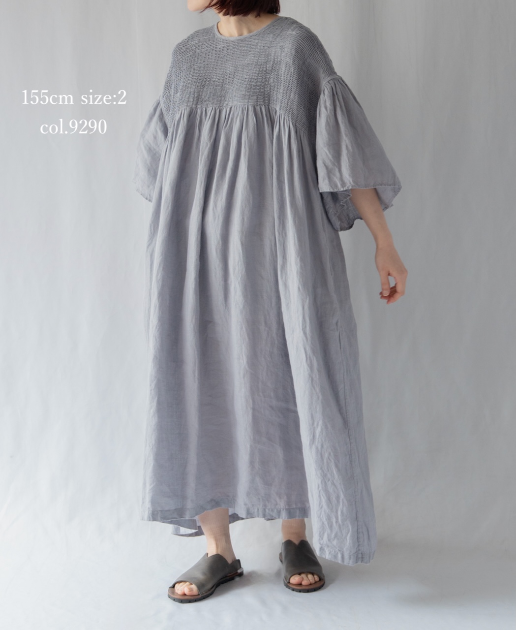 INMDS26004D(ワンピース) 60s AUTO LOOM LINEN PLAIN (OVERDYE) BACK OPENING PULLOVER DRESS WITH MINI PINTUCK