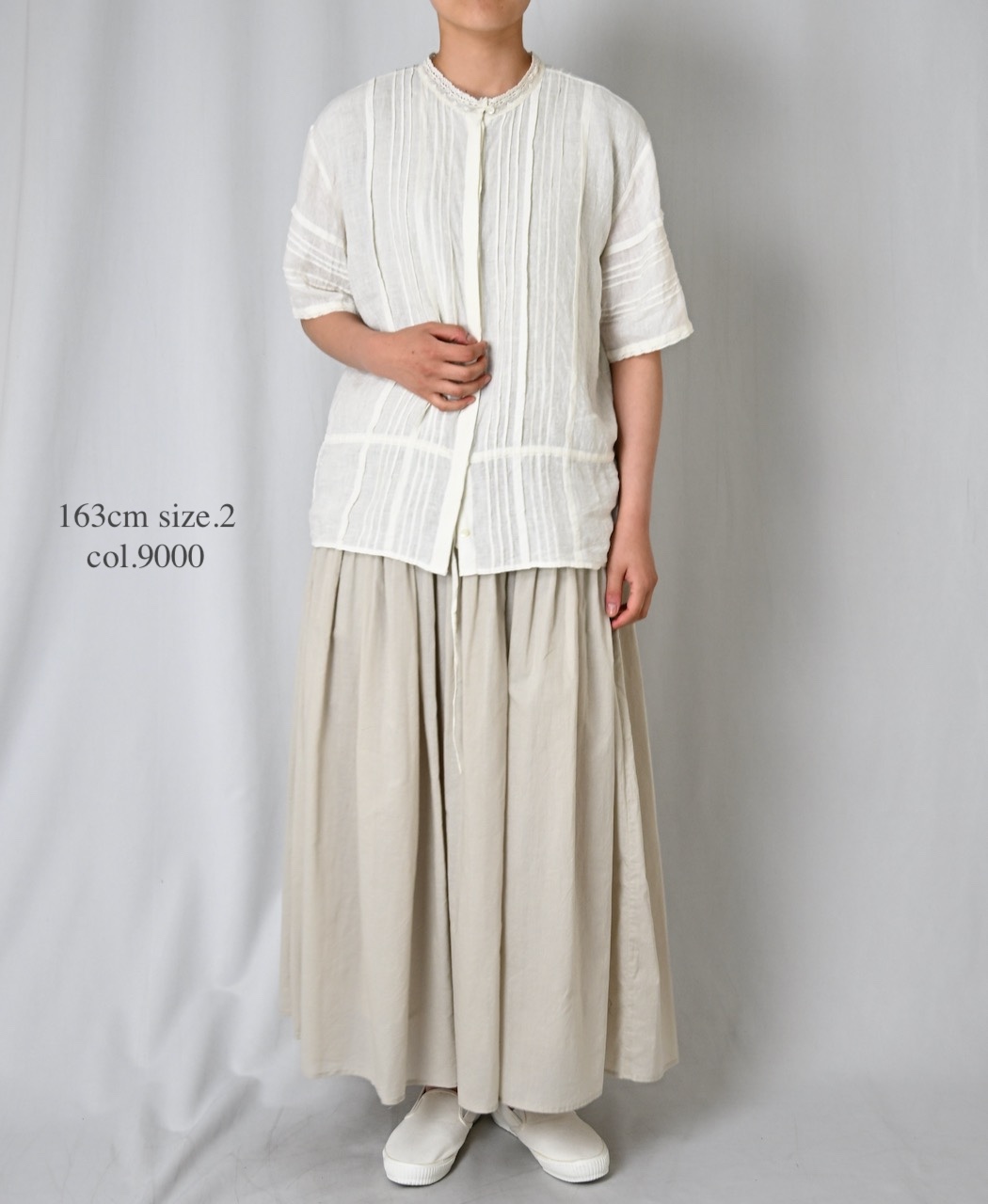NMDS26271(シャツ) 80s POWER LOOM LINEN PLAIN LACE PINTUCK HALF/SLEEVE 2WAY SHIRT