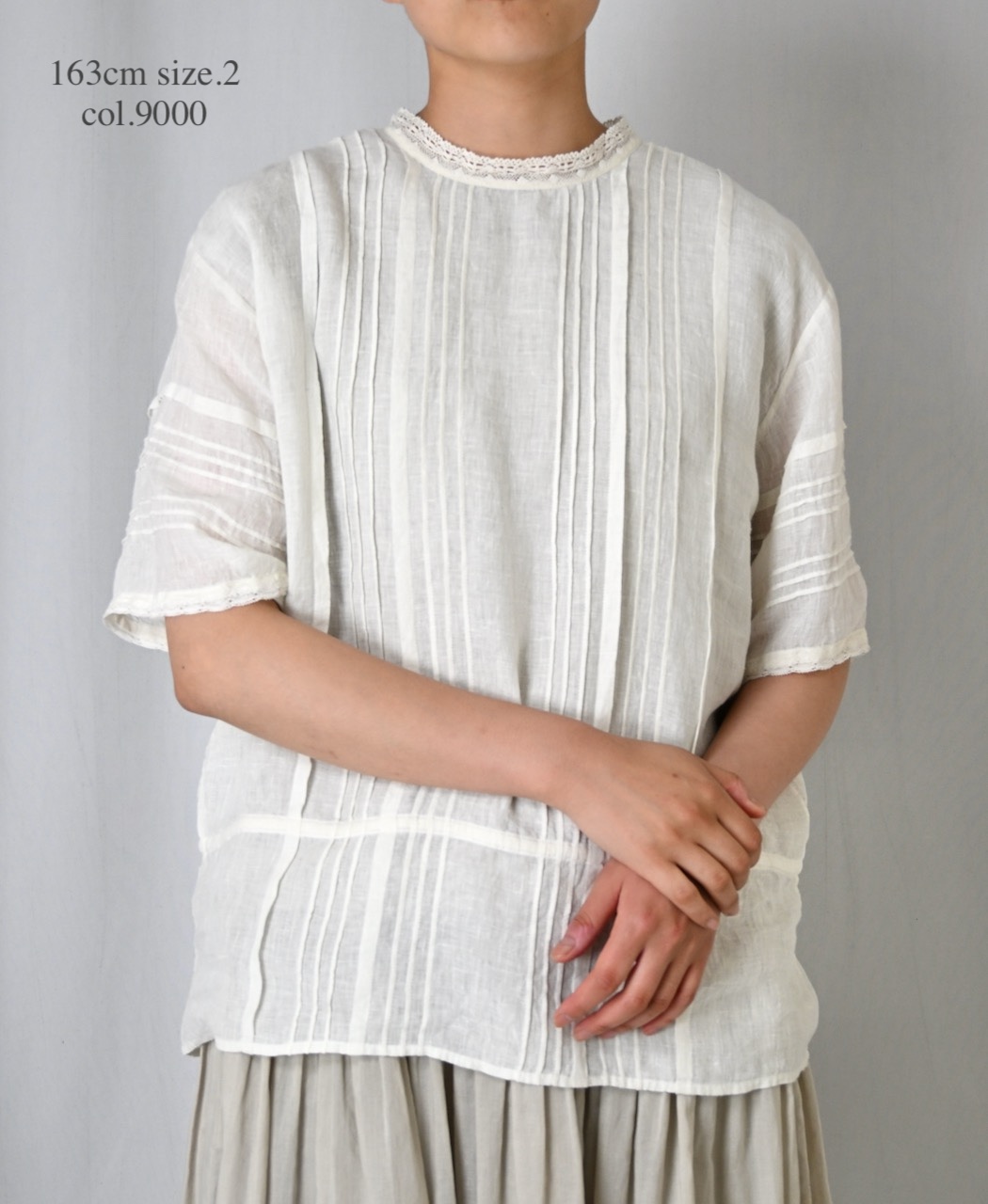 NMDS26271(シャツ) 80s POWER LOOM LINEN PLAIN LACE PINTUCK HALF/SLEEVE 2WAY SHIRT