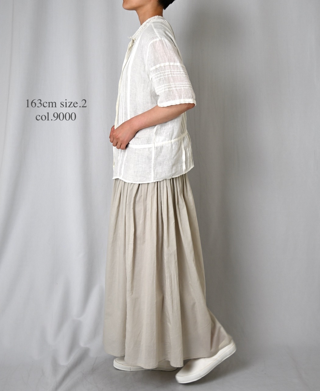 NMDS26271(シャツ) 80s POWER LOOM LINEN PLAIN LACE PINTUCK HALF/SLEEVE 2WAY SHIRT