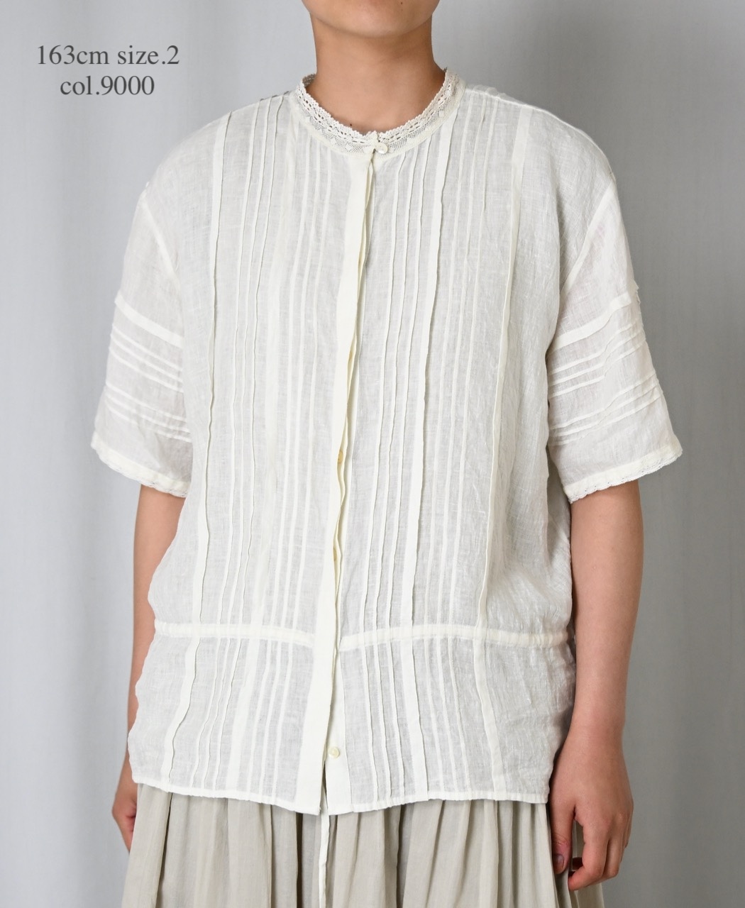 NMDS26271(シャツ) 80s POWER LOOM LINEN PLAIN LACE PINTUCK HALF/SLEEVE 2WAY SHIRT