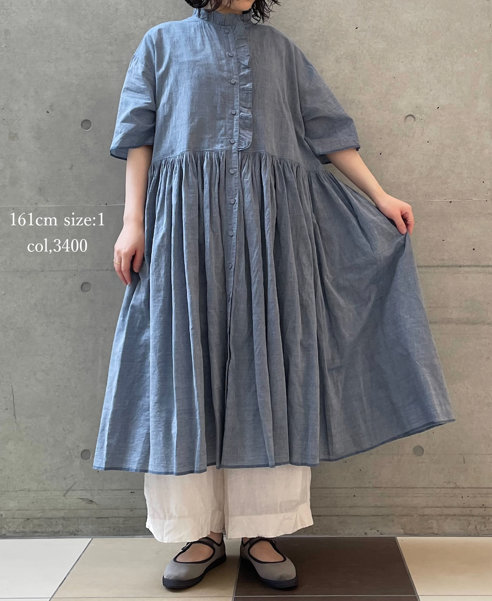 INMDS26042(ワンピース) HANDWOVEN YARN DYE CHAMBRAY FRILL COLLAR SHIRTS DRESS WITH RAJASTHAN GATHER
